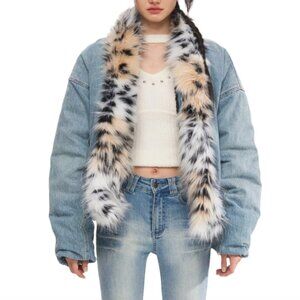 NAWS - Denim Leopard-Print Fur Collar Jacket SIZE M